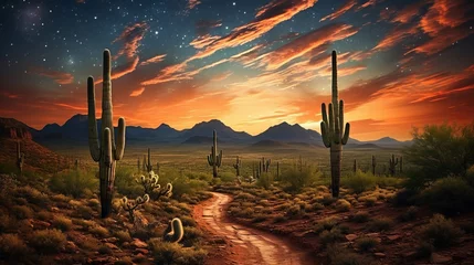 Abwaschbare Fototapete Dunkelbraun Saguaro cactus standing tall with star trails