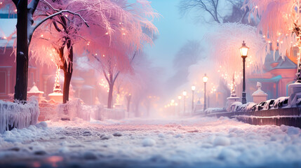 Beautiful winter city street at night with lanterns and snow covered trees. Generative AI technology.