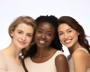 Skincare, diversity and women hug portrait for inclusivity, happiness and healthy skin texture. Interracial beauty and model group with woman of color smile for cosmetic campaign isolated on white