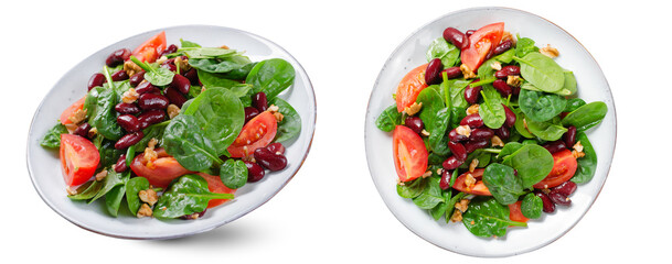 Red Bean Salad On White Background, Fresh Salad with Spinach, Cherry Tomatoes, Walnuts, Beans and...