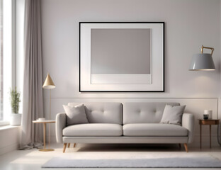 Elegant Modern living room. Grey interior, comfy sofa, simple walls, minimalism, big wall frame art.