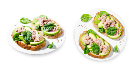 Tuna Avocado Toasts, Healthy Snack or Breakfast on White Background