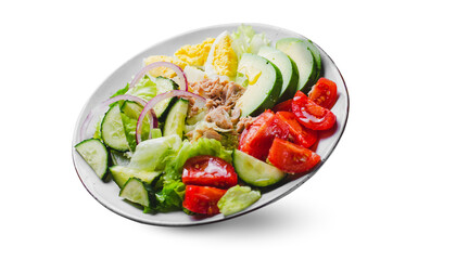 Tuna Salad, Healthy Food, Fresh Salad with Lettuce, Avocado, Cherries, Cucumber and Eggs on a Plate on White Background