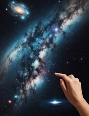 Female finger pointing at nebula in deep space