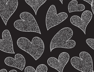 Beautiful decorative vector seamless background with hand drawn figured hearts - 687478392