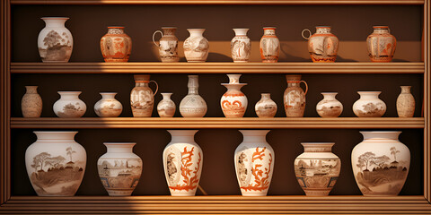 Fototapeta na wymiar vases on the wall,decorative hand-painted pottery arranged in a creative display,collection of handmade pottery from various cultures,Pottery backgrounds,sunlit ancient pottery displayed on a shelf
