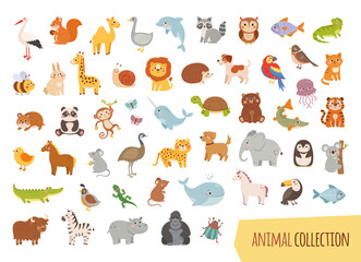 Big vector set with animals, marine mammals, reptiles, birds and fish in cartoon style. Collection of cute cartoon characters in flat style