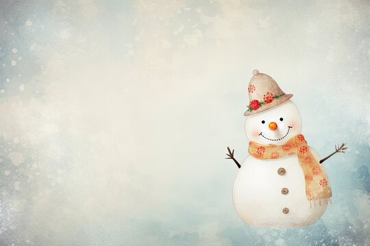 picture featuring a painting of a cute snowman against shabby pastel background, space