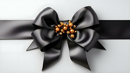 Black and gold gift bow on a white background: postcard, screensaver, layout, congratulations, holiday, gift, surprise, bright, big (Ai)