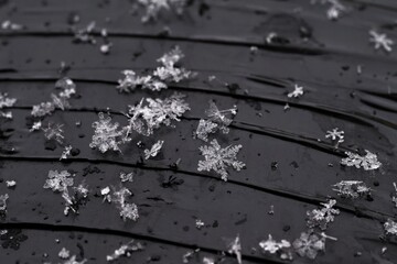 A beautiful real snowflake. Snow in nature. Macro photo in winter. Concept for Christmas and holidays.