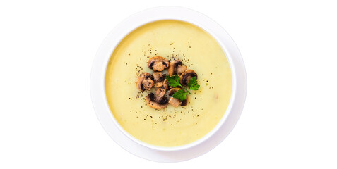Mushroom soup. Western food. View from above on white background