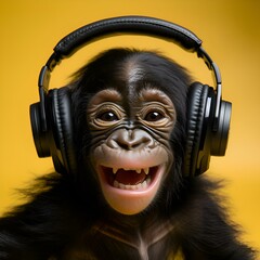 Cute and happy little monkey in headphones looks into the frame on a yellow background: music, fun, playlist, hit parade, music chart, music album, international music day (AI)