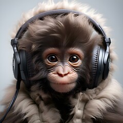 Cute and happy little monkey in headphones looks into the frame on a grey background: music, fun, playlist, hit parade, music chart, music album, international music day (AI)