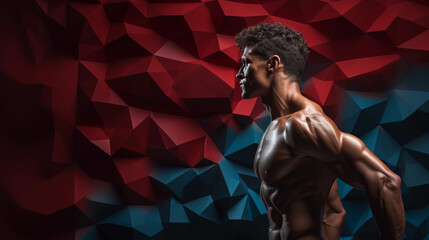 portrait of an athlete, realistic muscle texture within geometric shapes, action captured in...