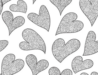 Beautiful Valentine vector seamless pattern with hand drawn figured lacy hearts