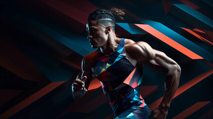 Fototapeta na wymiar portrait of an athlete, realistic muscle texture within geometric shapes, action captured in stillness