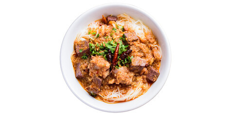 Rice noodles. Thai food, Asian food served on a plate, top view, white background