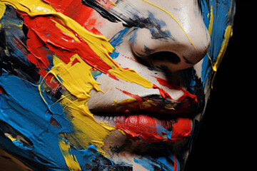 pensive figure, face partially obscured by bold, paint strokes in primary colors, high contrast