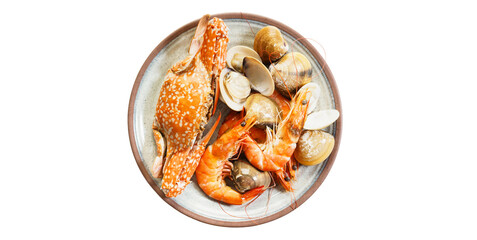 seafood shrimp crab shellfish Served in a plate white background