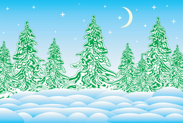 Beautiful winter landscape with frozen fir-trees and snowbanks, vector illustration - 687479163