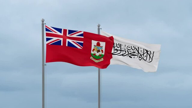 Bermuda flag and Afghanistan flag waving together on cloudy sky, endless seamless loop