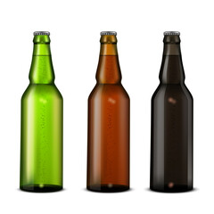 Beer bottles set on white