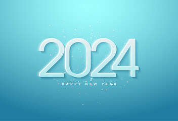 Fototapeta na wymiar 2024 new year celebration with light blue background and bit bright light effect. vector premium design.