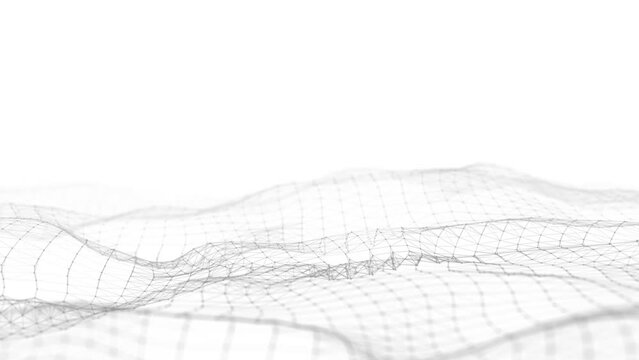 Abstract technology wave of particles. Big data visualization. Light background with motion dots and lines. Artificial intelligence. 3d rendering.