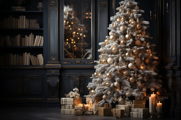 Beautiful Christmas tree decorated with toys in room, winter, night, beautiful light, AI generate