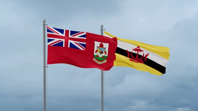 Bermuda flag and Brunei flag waving together on cloudy sky, endless seamless loop
