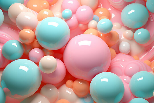 Whimsical pastel delights soft color balls and bubble gums.  Abstract digital Illustration of soft color matt 3D balls. AI generated image