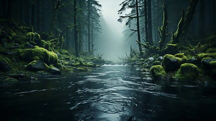 Mysterious fog hovering over forest waters