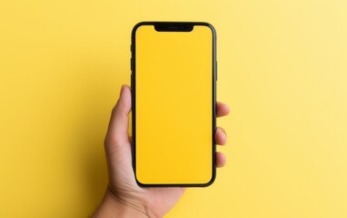 Studio picture of smartphone in male hand, on the yellow background.