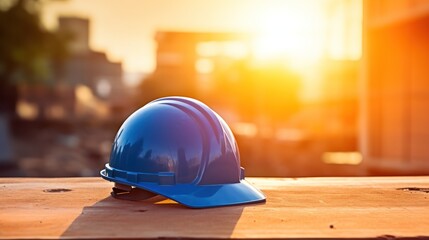 A blue safety helmet or hardhat for the construction worker which is placed on the ground  - obrazy, fototapety, plakaty