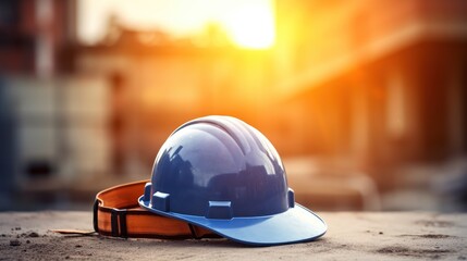 A blue safety helmet or hardhat for the construction worker which is placed on the ground  - obrazy, fototapety, plakaty