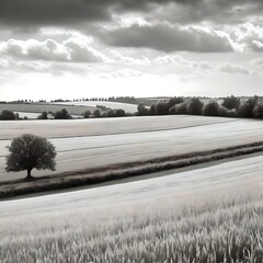 A captivating rural landscape with dramatic textures, showcasing the beauty of the countryside in black and white