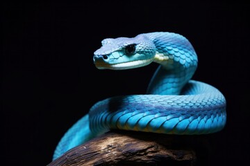 blue viper snake on a branch, black background - obrazy, fototapety, plakaty