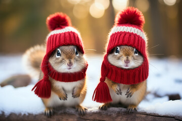 A couple of cute chipmunks outdoors in the snow wearing adorable little woolly bobble hats and scarfs - Generative AI
