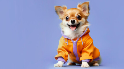 Charming dog in an orange jumpsuit on a light purple background