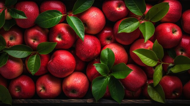Top view of ripe red apples in wooden crates