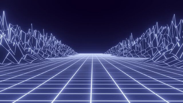 Retro fantastic background of the 80s. Mountain wireframe landscape with night sky. Futuristic blue neon scenery. 3d rendering.