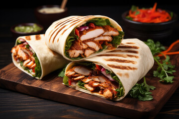 Tasty wrap with grilled chicken meat, sauce and fresh parsley. Grilled tortilla wrap. Generative AI - obrazy, fototapety, plakaty