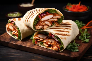 Fotobehang Tasty wrap with grilled chicken meat, sauce and fresh parsley. Grilled tortilla wrap. Generative AI © barmaleeva