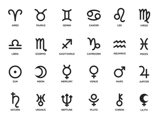 astrology symbol set. zodiac signs and planet symbols. astronomy and horoscope sign - obrazy, fototapety, plakaty