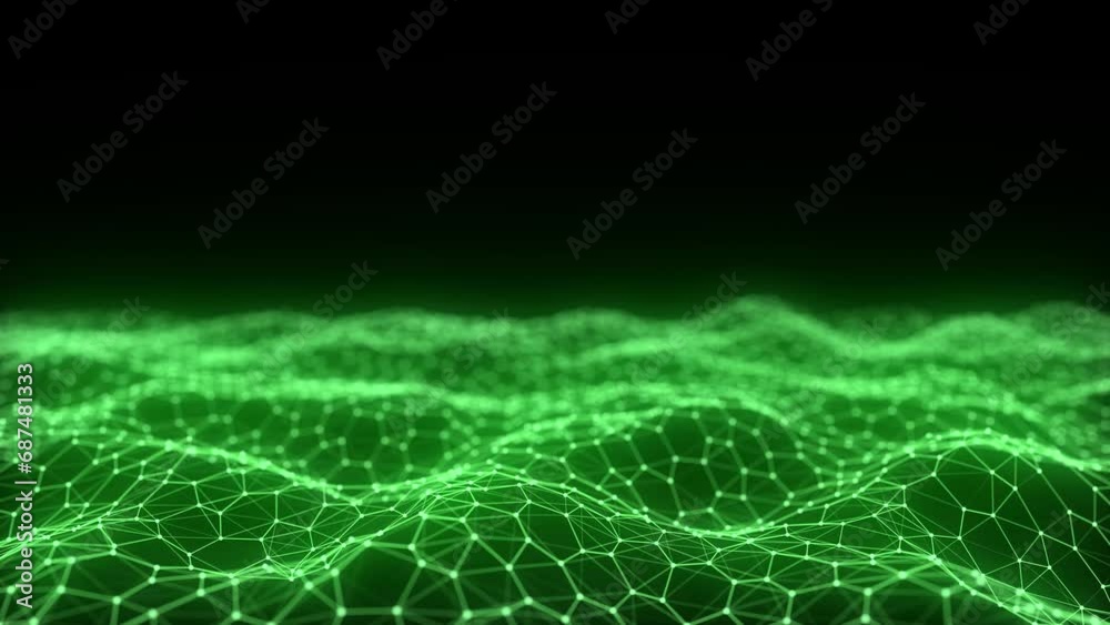 Poster futuristic hexagon wave. dark cyberspace. abstract wave with dots and line. green moving particles o