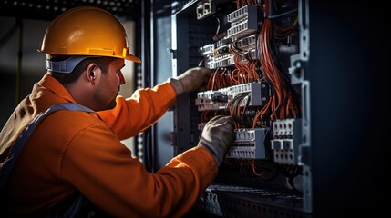 commercial electrician at work on a fuse box, Male Electrician Checking Fuse Box,adorned in safety gear,  - obrazy, fototapety, plakaty