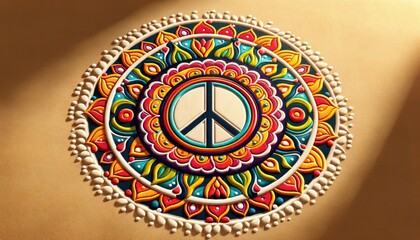Fototapeta premium Traditional Indian rangoli, artistically incorporating a peace symbol at its center. 