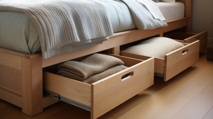 Drawers and cabinets hidden under the bed. Storage solution for small space