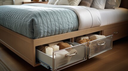 Fototapeta na wymiar Drawers and cabinets hidden under the bed. Storage solution for small space