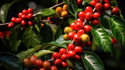 coffee tree with complete leaves and seeds on the tree alternating red and green, 